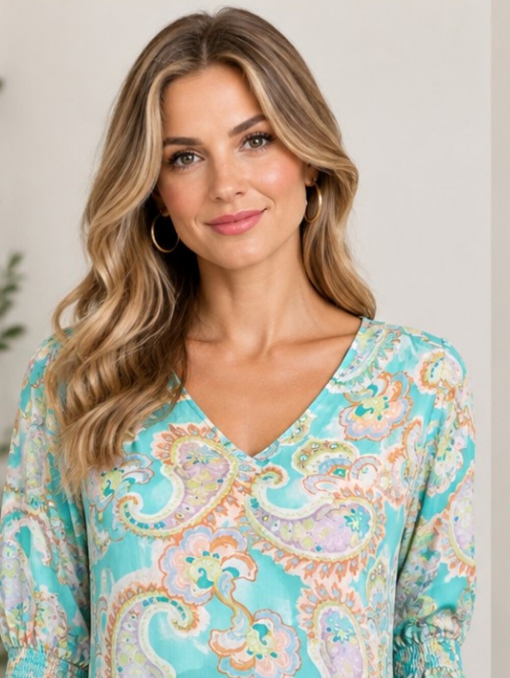 Sigrid Olsen Aqua Paisley V-Neck Blouse. Medium.